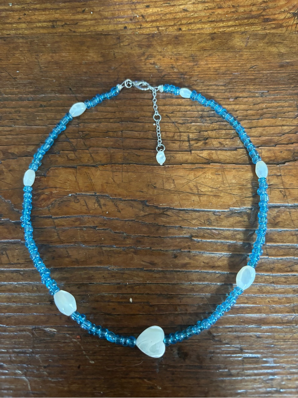 Blue Beaded Heart Necklace - White Accent Beads